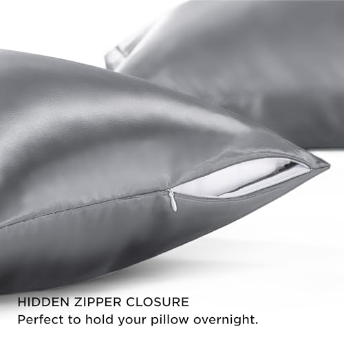 Bedsure King Satin Pillowcase Set of 2 with Zipper - Dark Grey
