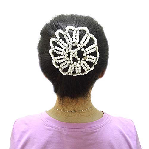 Honbay Pearl Rhinestone Hair Bun Cover Elastic Crochet Net - White