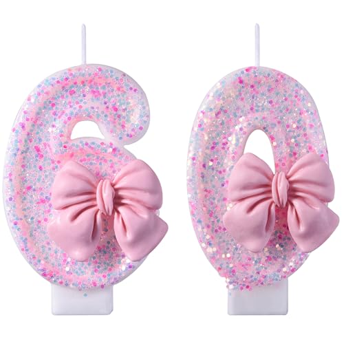 Number 60 Birthday Candle Pink Glitter Cake Topper with Bow Decor