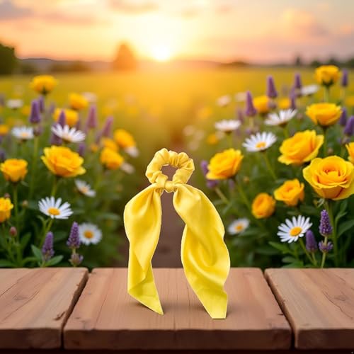 SelHeng Yellow Satin Bow Hair Scrunchies - 2 Piece Ribbon Ponytail Set