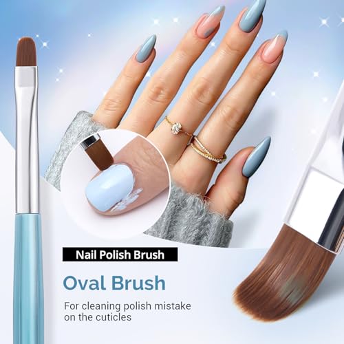 AIRSEE Nail Art Clean Up Brushes - 3 PCS Flat, Oval & Angled Blue Gel Polish Detail Brushes