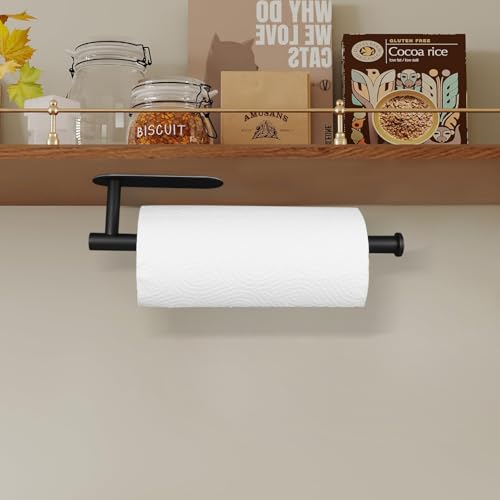 Black Under Cabinet Paper Towel Holder - Adhesive or Wall Mount Rack
