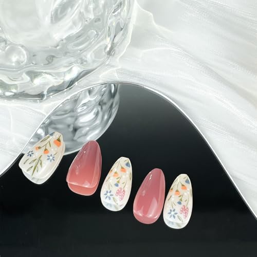 Press on Nails Almond Medium Floral Fake Nails Reusable 30Pcs