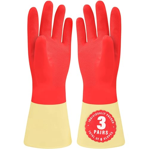 SteadMax Red Cleaning Gloves - 3 Pack Large, Durable Latex