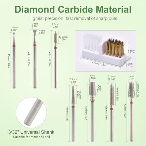 KAZIPOP 8-Piece Diamond Nail Drill Bits Set with Cleaning Brush 3/32"