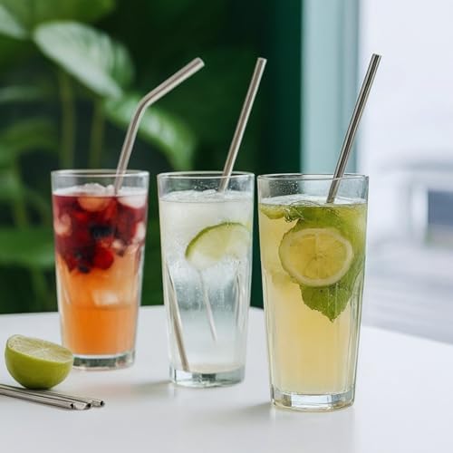 Reusable Stainless Steel Straws Set - 16 Pack, 8 Straight & 8 Bent, 8.5 Inch