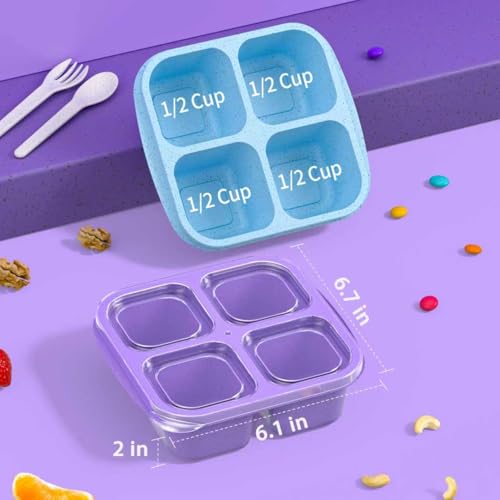 Bento Snack Containers 4-Pack - 4-Compartment Meal Prep in Green, Blue, Purple