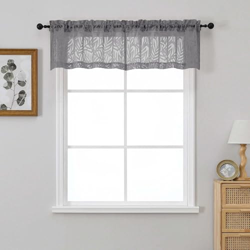 OVZME Black Leaf Jacquard Window Valances 14" Length, 2 Panels