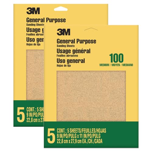 3M Aluminum Oxide Sandpaper, 100 Grit, 9x11 in, 5 Sheets - General Purpose