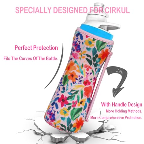 32oz Cute Printed Sleeve Compatible With Cirkul Water Bottle For Plastic And Stainless Steel Bottles 32oz Neoprene Sweat-Wicking Material Insulated Cover Designed With Handles (Black)