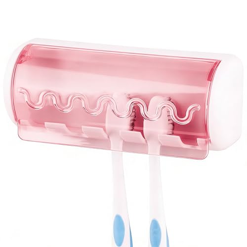LUEXBOX Self-Adhesive Wall-Mounted Toothbrush Holder with Cover - Pink