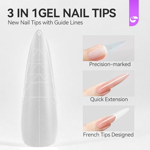 gelike ec XXL Almond Gel Nail Tips with French Guiding Lines, 84 Pcs