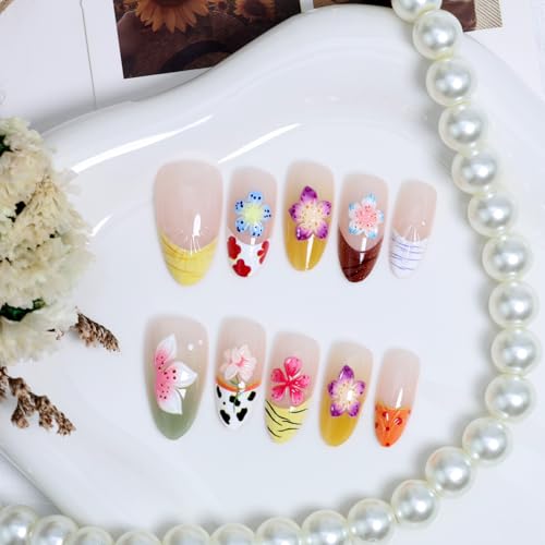 YKZFUI 30pcs Medium Almond Press On Nails with 3D Floral French Design