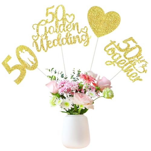 50th Anniversary Centerpiece Sticks - 12 Pcs Double-Sided Glitter Hearts
