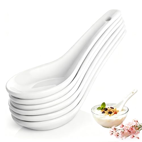 Qoryven 6-Piece Ceramic Asian Soup Spoon Set, 5.3-inch Ramen Spoons