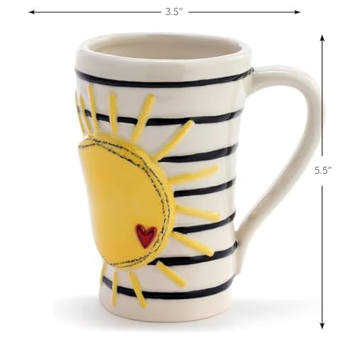 DEMDACO Bright and Cheery Sun and Stripes Sunshine Yellow on Black and White Backdrop 16 Ounce Ceramic Stoneware Coffee Cup Mug