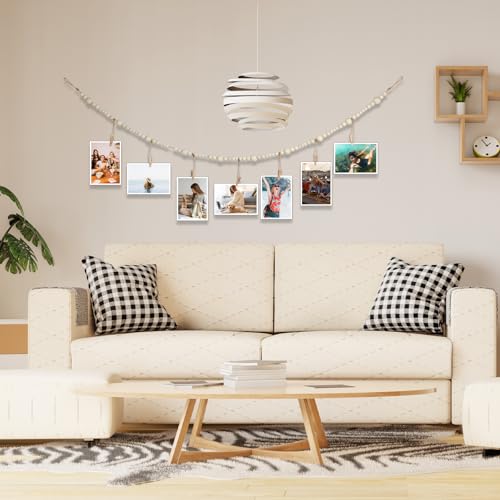 4 Ft Wooden Bead Garland Photo Display with Clips - Boho Room Decor