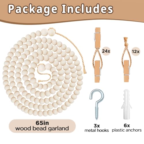 Kids Artwork Display Wood Bead Garland - 65" Hanging Photo Wall Decor