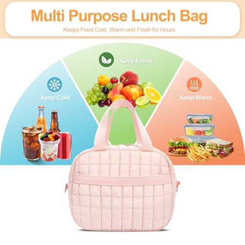 Honitty Quilted Puffer Lunch Bag, Insulated Lunch Box for Women, Gloss Pink M