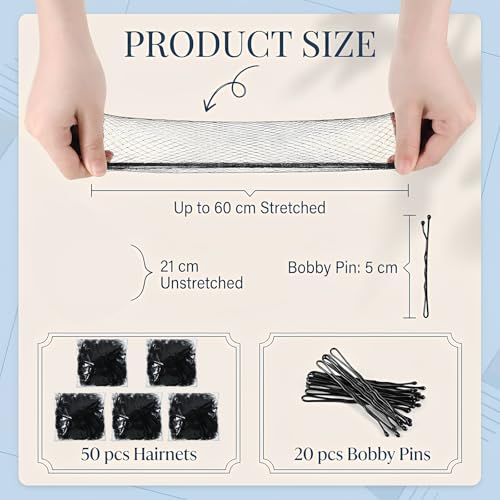 Black Hair Nets for Buns & Food Service - 50 Pcs 24 Inch Nylon Mesh with 20 Hair Pins