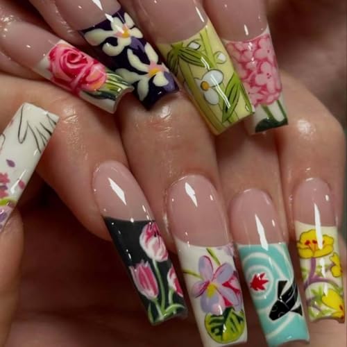 French Tip Long Square Press on Nails with Spring Flower Design