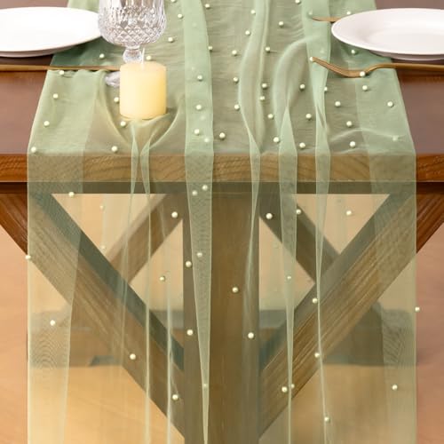 Socomi Pearl Table Runner Sage 10ft Gauze Sheer Wedding Party Home Decor
