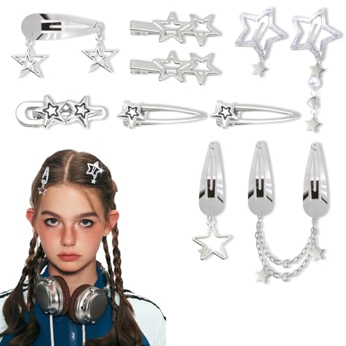 Y2K Silver Star Hair Clips 10-Piece Metal Barrette Set for Women