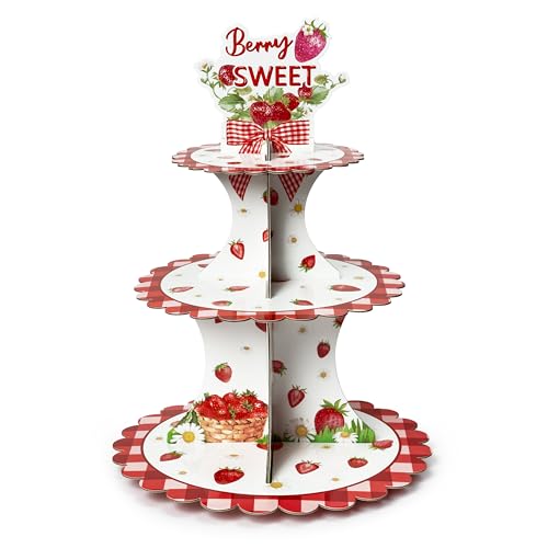 Haooryx Strawberry Cupcake Stand 3-Tier Red Plaid Party Decor - Variation: Strawberry/1