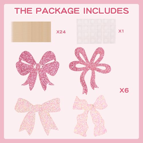 24 Pack Glitter Pink Bow Cupcake Toppers for Parties