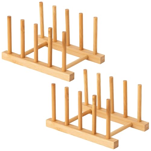 Bamboo Wooden Dish Rack Set of 4 - Space Saver for Plates, Bowls & Lids