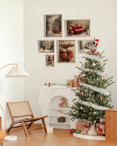 Christmas Wall Art Decor Set of 6 - Unframed Retro Santa Claus Prints, 14x11 Inches