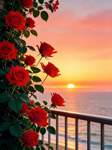 5D Diamond Painting Kit - Red Roses Ocean Sunset, 12x16"