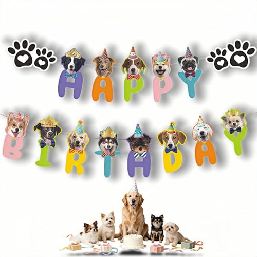 Dog Birthday Banner with 13 Adorable Faces & Paw Prints