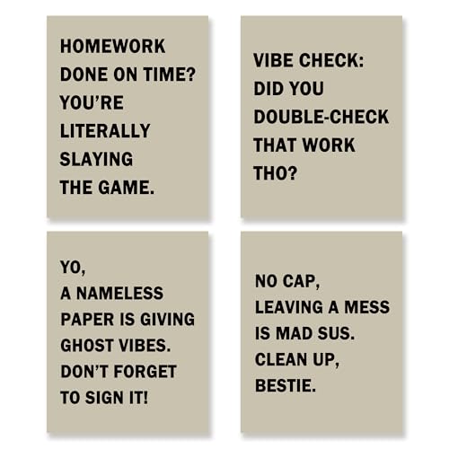 Funny Classroom Wall Art Prints - Beige Trendy Poster Set of 4 (8x10)