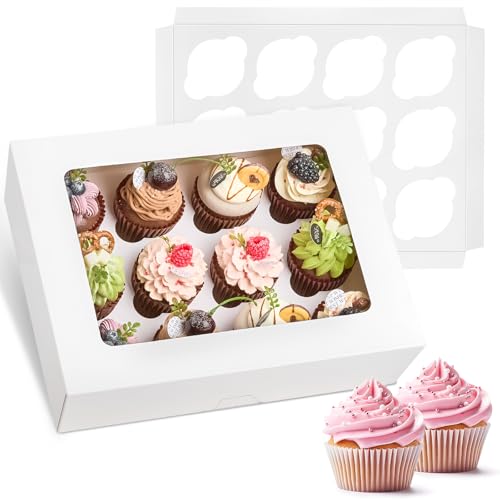 Kucoele 12 Count White Cupcake Boxes - 2 Pack with Inserts