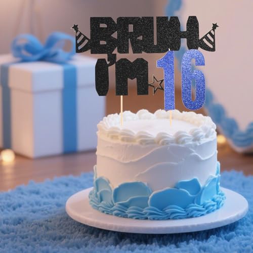 Bruh I'm 16 Birthday Cake Topper, Glitter Black and Blue 16th Decor
