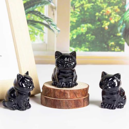 Black Obsidian Crystal Cat Figurine - Lucky Feng Shui Decor & Gift