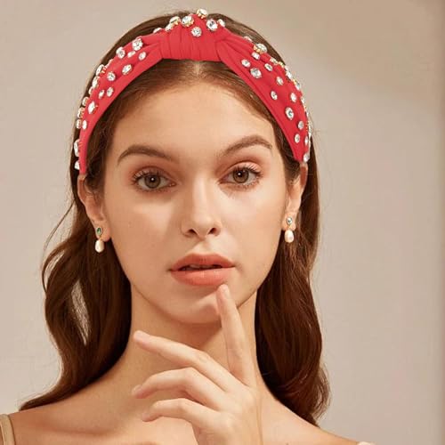 Red Rhinestone Knotted Headband Sparkly Crystal Hair Band for Women