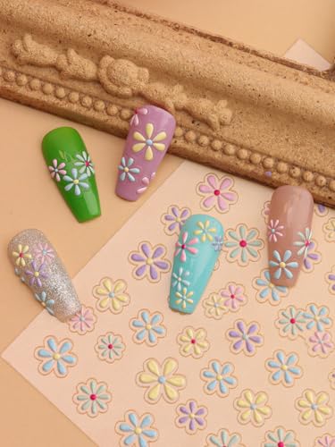 EBANKU 5D Embossed Flower Nail Stickers with Tweezers Spring Floral Decals