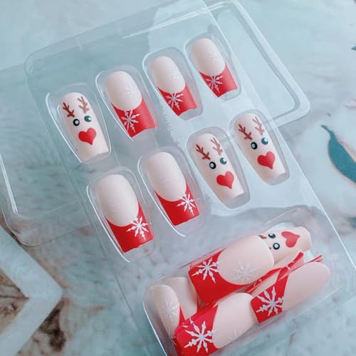 Christmas Press on Nails French Winter Snowflake Acrylic Fake Nails