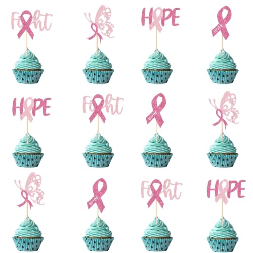 Pink Ribbon Breast Cancer Awareness Cupcake Toppers - 12 Pcs