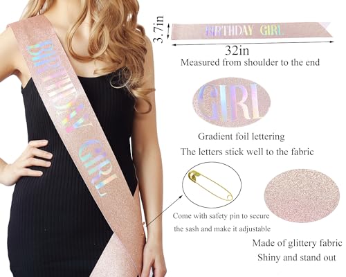 Birthday Girl Sash and Rhinestone Headband Set with Cake Topper Rose Gold