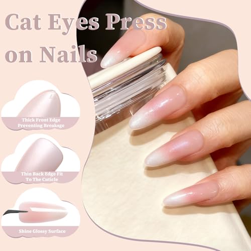 Pink Ombre Cat Eye Press on Nails - Medium Almond False Nails with Glue