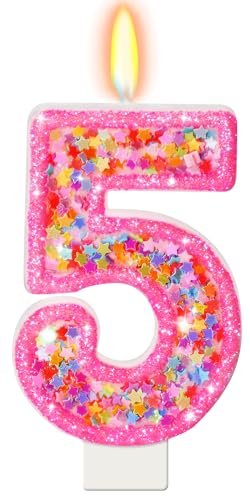 Number 5 Birthday Candle - Hot Pink Star Sequin Cake Topper Decoration