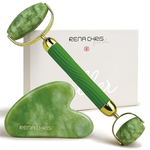 Rena Chris Jade Roller and Gua Sha Set for Face - Anti-Breakage Green Xiuyan Stone