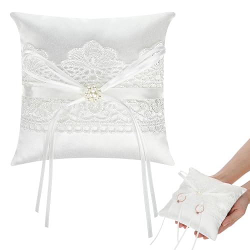 Elegant Ivory Satin Ring Bearer Pillow with Lace and Pearl Accent
