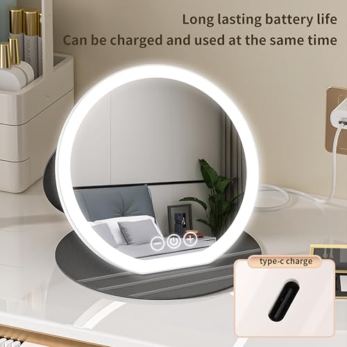 suonee Rechargeable Lighted Travel Makeup Mirror - 8.6" Slim LED Vanity Mirror with 3 Color Modes and PU Leather Case, Black