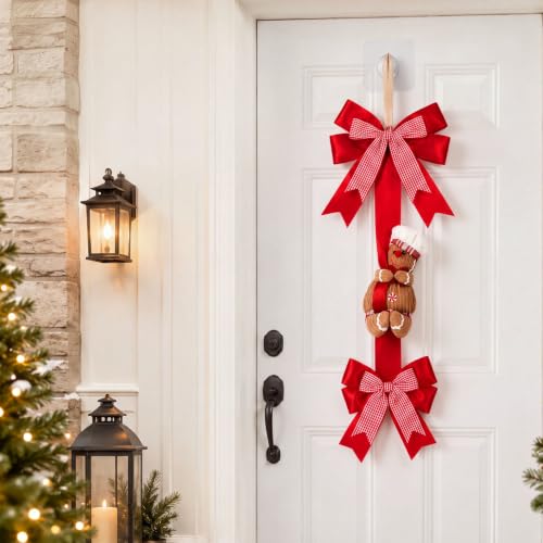 Christmas Door Hanger Decorations with Red Bow and Gingerbread - Festive Holiday Decor