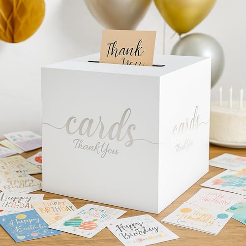White and Silver Card Box - 7.8-Inch Foldable Gift Card Holder for Events