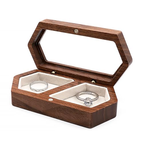 Engraved Wooden Double Ring Box - Walnut Jewelry Holder for 2 Rings